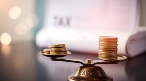 balanza con monedas y documentos fiscales