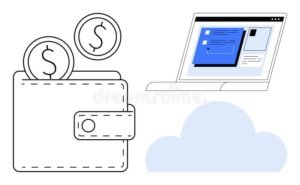 billetera digital con billetes y computadora