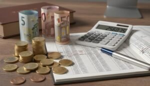 calculadora financiera con billetes y monedas