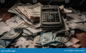 calculadora junto a billetes y recibo pago