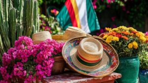 calendario festivo mexicano con banderas y flores