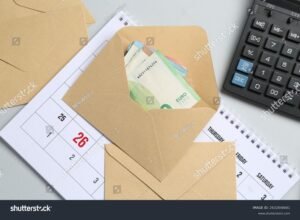 dinero y calendario sobre fondo claro