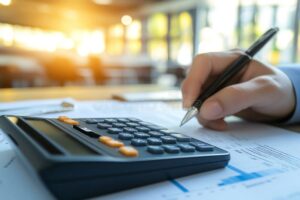 mano calculando finanzas con calculadora y documentos