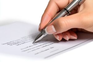mano firmando con pluma sobre papel blanco