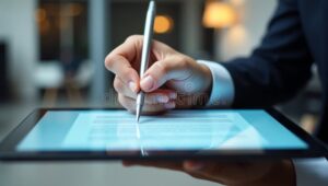 mano firmando documento digital con tablet