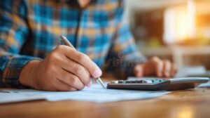 persona calculando finanzas con calculadora y notas
