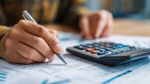 persona calculando finanzas con documentos y calculadora