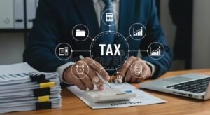 persona calculando impuestos con documentos oficiales