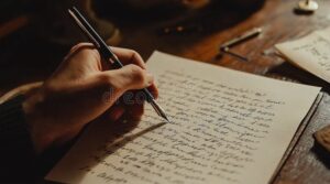 persona escribiendo carta con pluma elegante