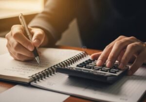 persona escribiendo en cuaderno con calculadora