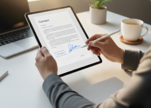persona firmando documento con computadora abierta