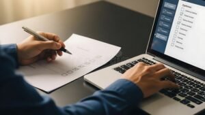 Qué Documentos Pide el SAT Para Sacar Tu RFC en México 1 persona llenando formulario con computadora y documentos