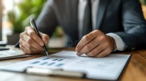 persona revisando documentos financieros en escritorio 1