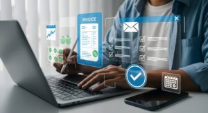 Cómo Generar Facturas SAT Desde Mis Cuentas de Forma Rápida 6 persona trabajando con computadora y factura digital