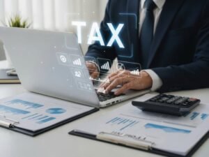 persona trabajando con documentos fiscales y laptop