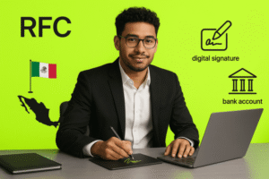 persona usando computadora con documento rfc mexicano