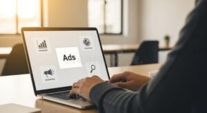 persona usando laptop con logo facebook visible